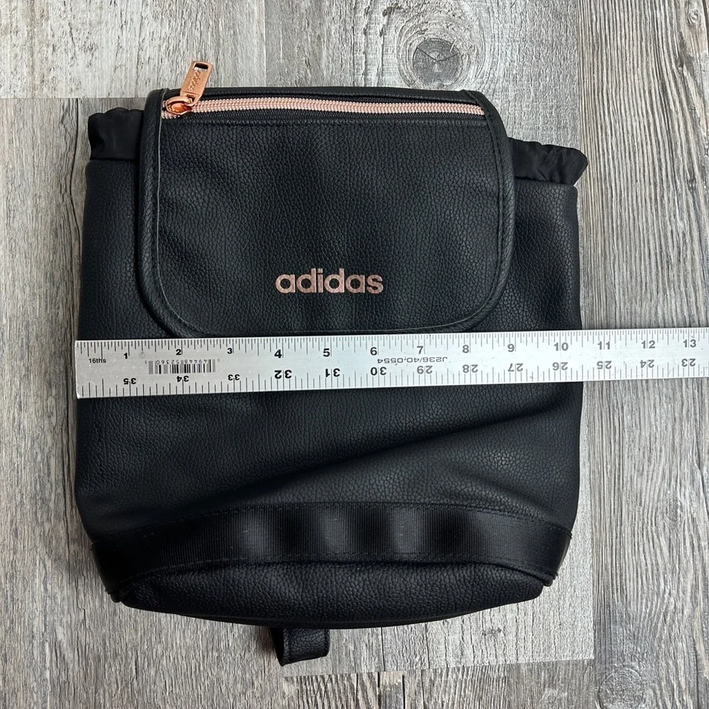 ADIDAS WOMEN’S BLACK FAUX LEATHER ROSE GOLD SMALL FESTIVAL DRAWSTRING BACKPACK - Picture 4 of 8
